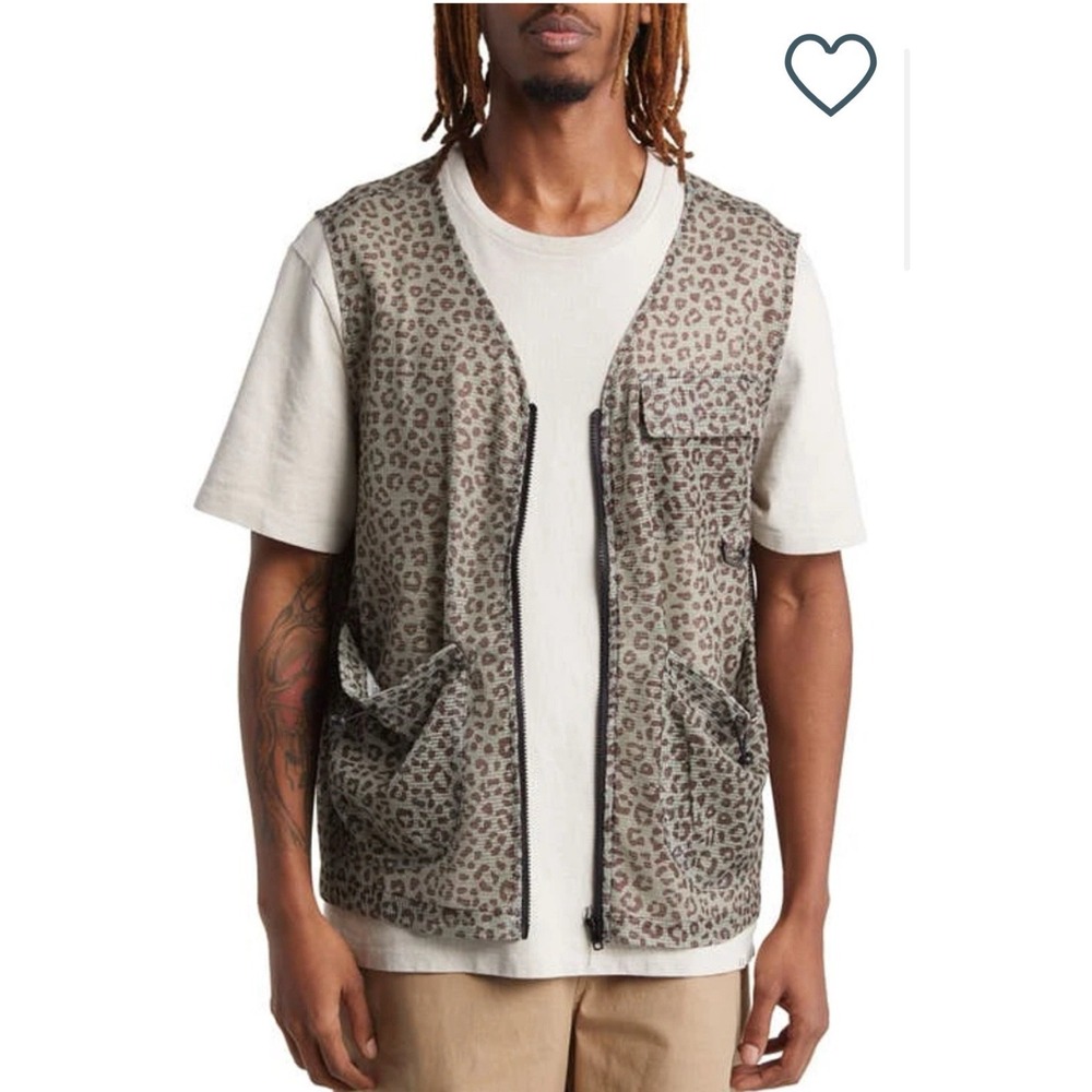 CHECKS vest Leopard print mesh zip up vest‎ olive size XL Eclectic New Zeland